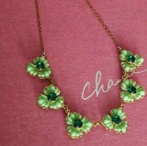 Vintage Necklace Dainty Chain w/ Lime Green Leaf And Emerald Green Jewel Accents